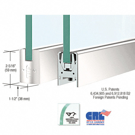 CRL 3/8" Glass Low Profile Square Door Rail Without Lock - 8" Patch