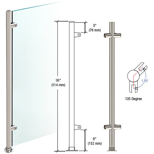 CRL Brushed Stainless 36" High 1" Round Slimline Series Straight Front Counter/Partition 135 Degree Post
