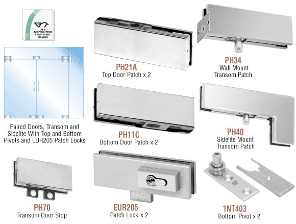 CRL European Patch Door Kit for Double Doors for Use with Fixed Transom and One Sidelite - With Lock