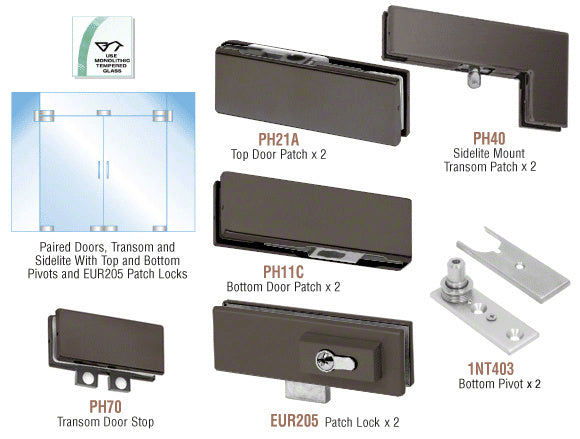 CRL European Patch Door Kit for Double Doors for Use with Fixed Transom and Two Sidelites - With Lock