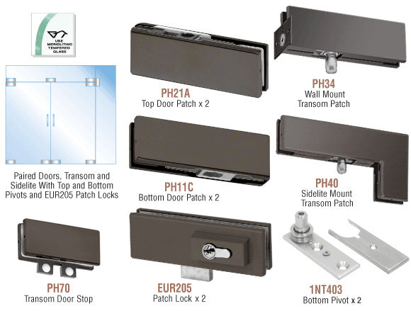 CRL European Patch Door Kit for Double Doors for Use with Fixed Transom and One Sidelite - With Lock