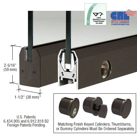CRL 3/8" Glass Low Profile Tapered Door Rail With Lock - 8" Patch