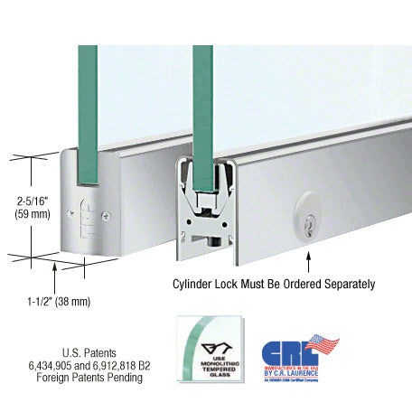 CRL 3/8" Glass Low Profile Square Door Rail With Lock - 8" Patch