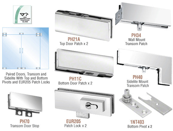 CRL European Patch Door Kit for Double Doors for Use with Fixed Transom and One Sidelite - With Lock