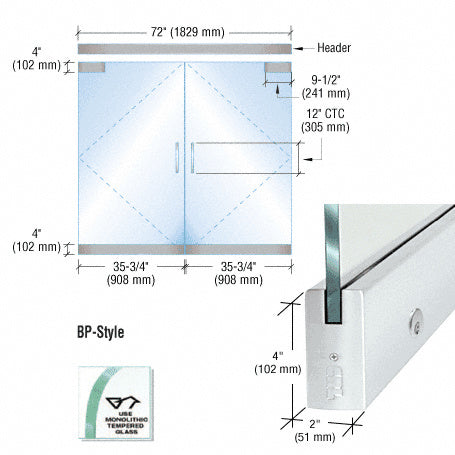 CRL Dry Glazed Frameless Glass 6' BP-Style Double Door Complete Entrance Kit - with Lock