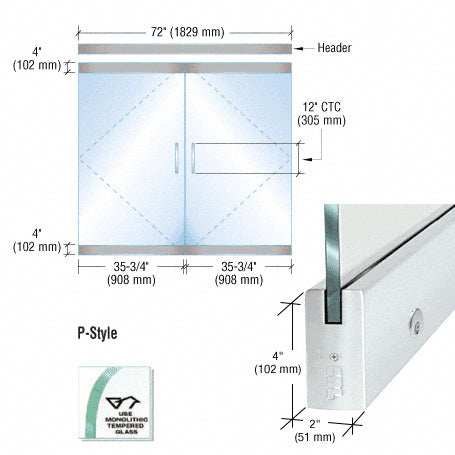 CRL Dry Glazed Frameless Glass 6'-0" P-Style Double Door Complete Entrance Kit - with Lock