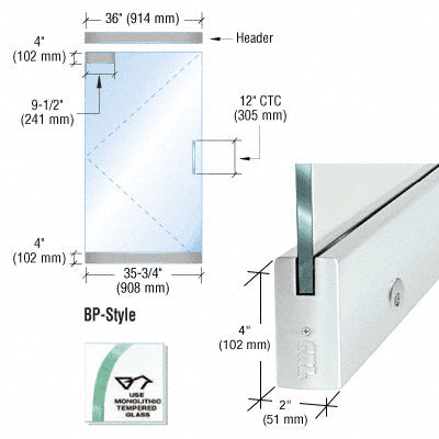 CRL Dry Glazed Frameless Glass 3' BP-Style Single Door Complete Entrance Kit - with Lock