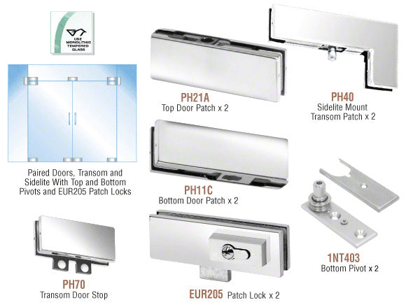 CRL European Patch Door Kit for Double Doors for Use with Fixed Transom and Two Sidelites - With Lock