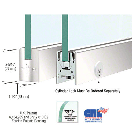 CRL 3/8" Glass Low Profile Square Door Rail With Lock - 8" Patch