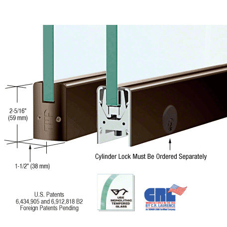 CRL 3/8" Glass Low Profile Square Door Rail With Lock - 8" Patch