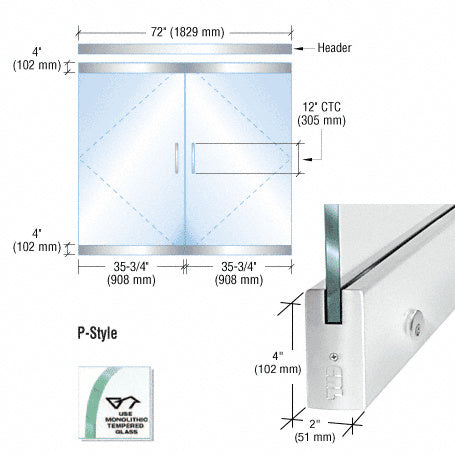 CRL Dry Glazed Frameless Glass 6'-0" P-Style Double Door Complete Entrance Kit - with Lock