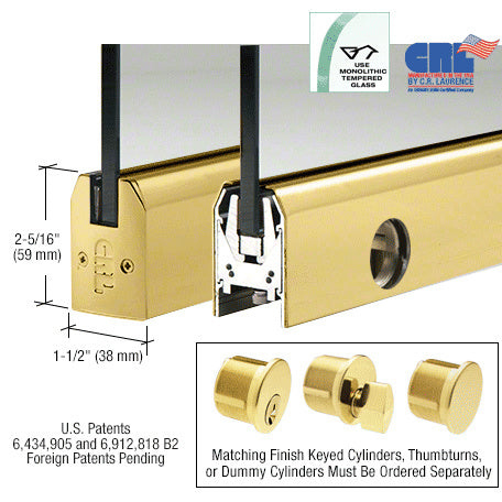 CRL 3/8" Glass Low Profile Tapered Door Rail With Lock - 8" Patch