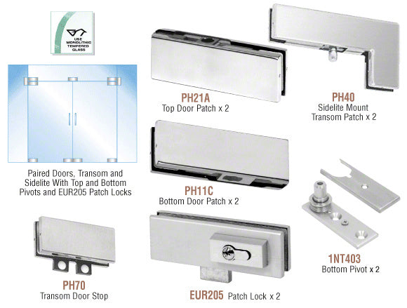 CRL European Patch Door Kit for Double Doors for Use with Fixed Transom and Two Sidelites - With Lock