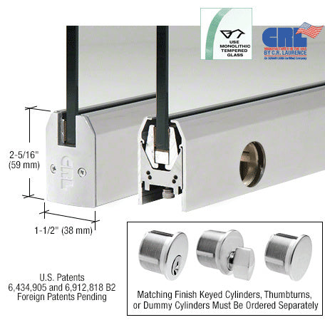 CRL 3/8" Glass Low Profile Tapered Door Rail With Lock - 8" Patch