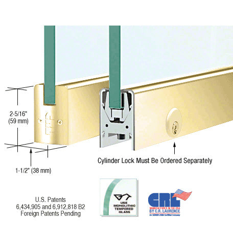CRL 3/8" Glass Low Profile Square Door Rail With Lock - 8" Patch