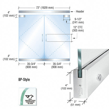 CRL Dry Glazed Frameless Glass 6' BP-Style Double Door Complete Entrance Kit - with Lock