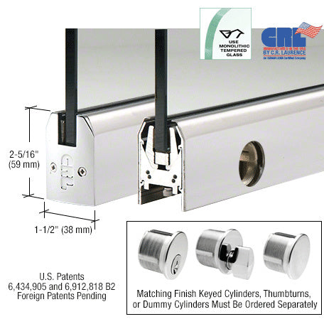CRL 3/8" Glass Low Profile Tapered Door Rail With Lock - 8" Patch