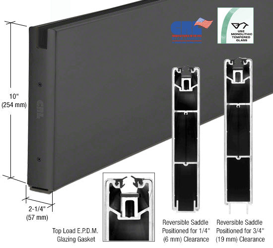 CRL Powder Coat 10" x 240" Length Square Sidelite Rail for 5/8" or 3/4" Glass