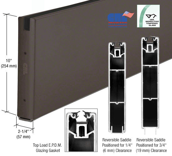 CRL Powder Coat 10" x 240" Length Square Sidelite Rail for 5/8" or 3/4" Glass