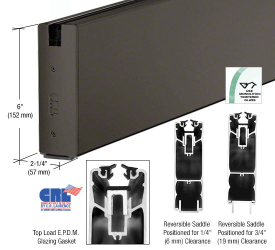 CRL Powder Coat 6" Square Sidelite Rails for 3/4" Glass 120" Length