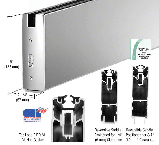 CRL Powder Coat 6" Square Sidelite Rails for 3/4" Glass 120" Length