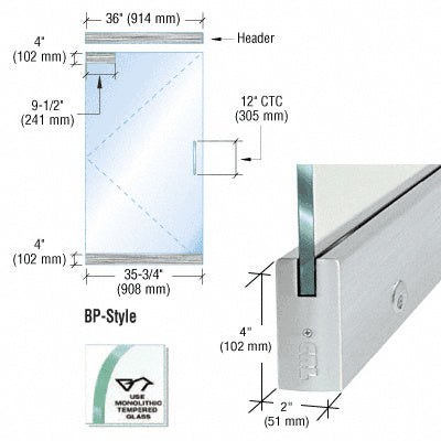 CRL Dry Glazed Frameless Glass 3' BP-Style Single Door Complete Entrance Kit - with Lock