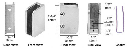 CRL Polished Stainless 3/8" Closed Bottom Right Hand Radius Base Glass Clip