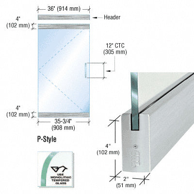 CRL Dry Glazed Frameless Glass 3'-0" P-Style Single Door Complete Entrance Kit - without Lock