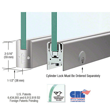 CRL 3/8" Glass Low Profile Square Door Rail With Lock - 8" Patch
