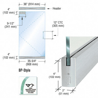 CRL Dry Glazed Frameless Glass 3' BP-Style Single Door Complete Entrance Kit - without Lock