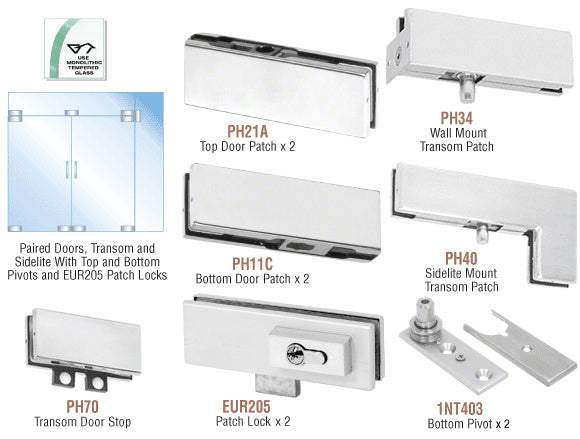 CRL European Patch Door Kit for Double Doors for Use with Fixed Transom and One Sidelite - With Lock