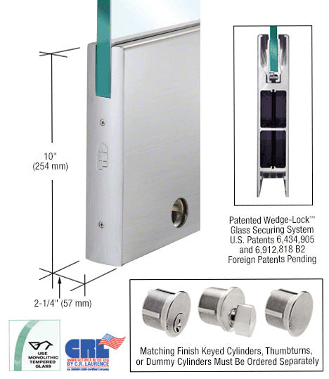 CRL Glass 10" Square Door Rail With Lock - 35-3/4" Length