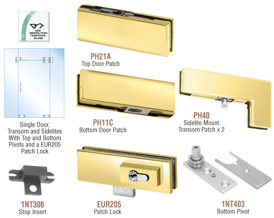 CRL European Patch Door Kit for Use with Fixed Transom and Two Sidelites - With Lock