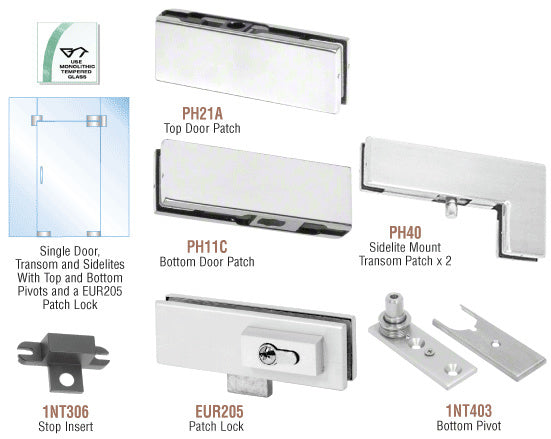 CRL European Patch Door Kit for Use with Fixed Transom and Two Sidelites - With Lock