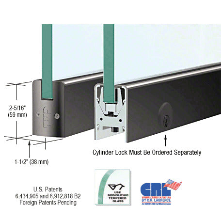 CRL 3/8" Glass Low Profile Square Door Rail With Lock - 8" Patch