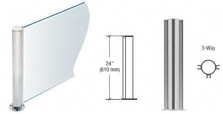PP08 Elegant Series Post for 3/8" (10 mm) Glass, Brushed Stainless 24" High, 1-1/2" Diameter, 3-Way Post