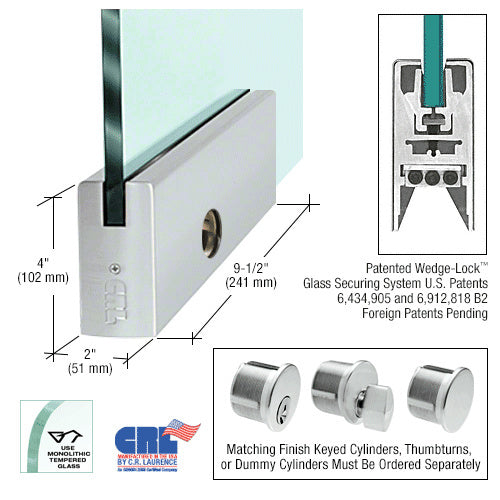 CRL Glass 4" Square Door Rail With Lock - 9-1/2" Patch