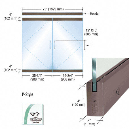 CRL Dry Glazed Frameless Glass 6'-0" P-Style Double Door Complete Entrance Kit - with Lock