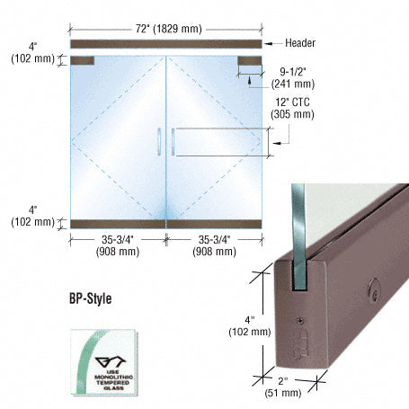 CRL Dry Glazed Frameless Glass 6' BP-Style Double Door Complete Entrance Kit - with Lock