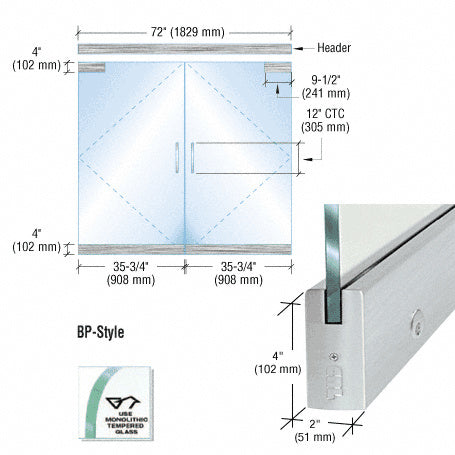 CRL Dry Glazed Frameless Glass 6' BP-Style Double Door Complete Entrance Kit - with Lock