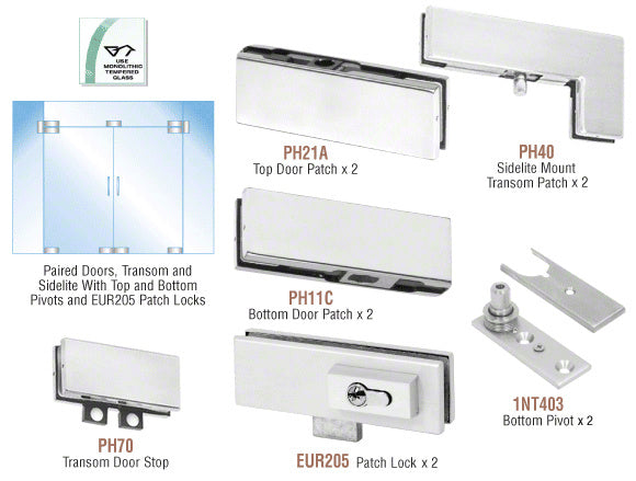 CRL European Patch Door Kit for Double Doors for Use with Fixed Transom and Two Sidelites - With Lock