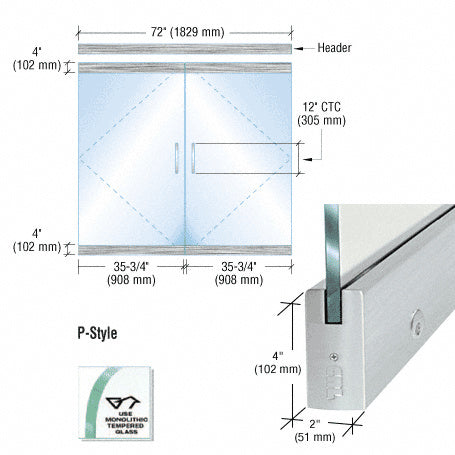 CRL Dry Glazed Frameless Glass 6'-0" P-Style Double Door Complete Entrance Kit - with Lock