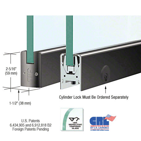 CRL Glass Low Profile Square Door Rail With Lock - 8" Patch