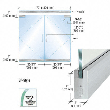 CRL Dry Glazed Frameless Glass 6' BP-Style Double Door Complete Entrance Kit - without Lock