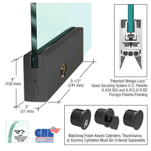 CRL Glass 4" Square Door Rail With Lock - 9-1/2" Patch