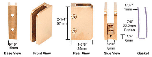 CRL Polished Brass 1/4" Top Radius Base Glass Clip
