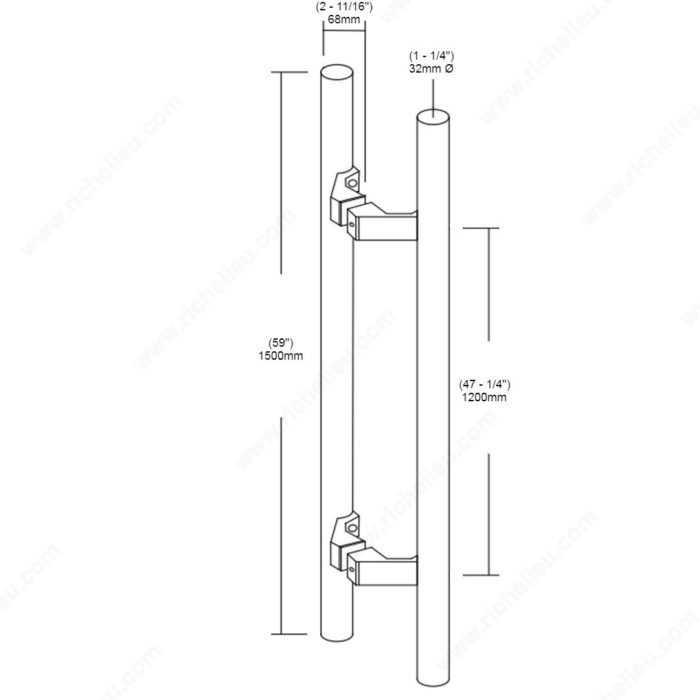 1-1/4" (32 mm) Offset Back-to-Back Round Stainless Steel Ladder Handle with Square Mounting Rods