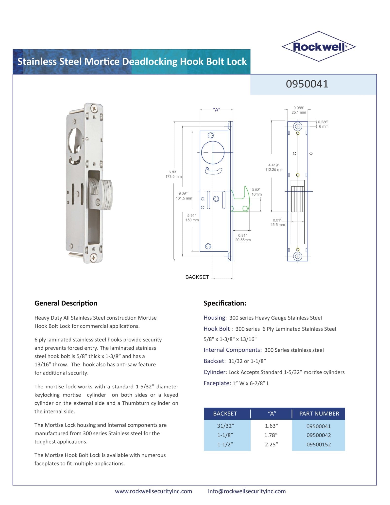 Rockwell Stainless Steel Deadlocking Hook Bolt Mortise Lock -1-1/8″ Backset